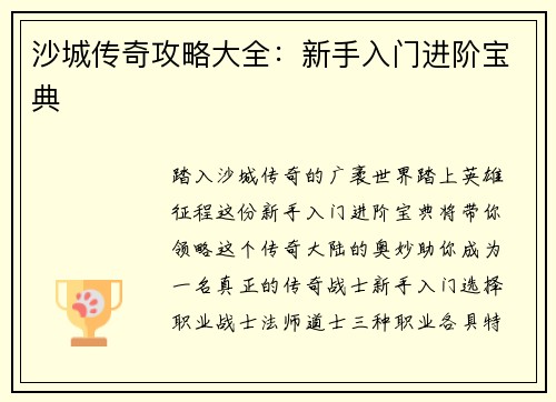 沙城传奇攻略大全：新手入门进阶宝典