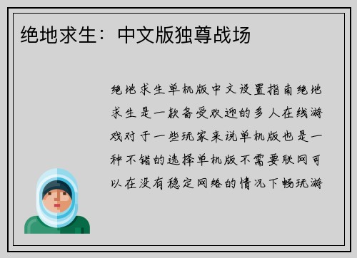 绝地求生：中文版独尊战场