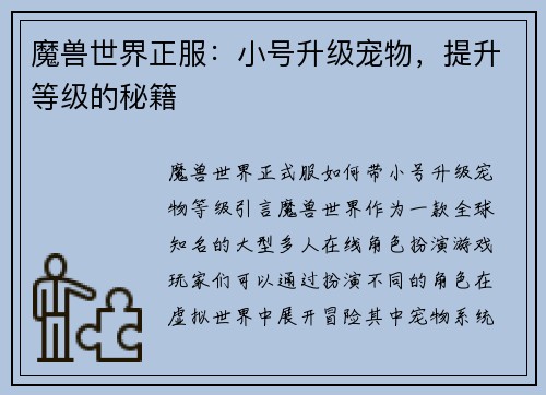 魔兽世界正服：小号升级宠物，提升等级的秘籍